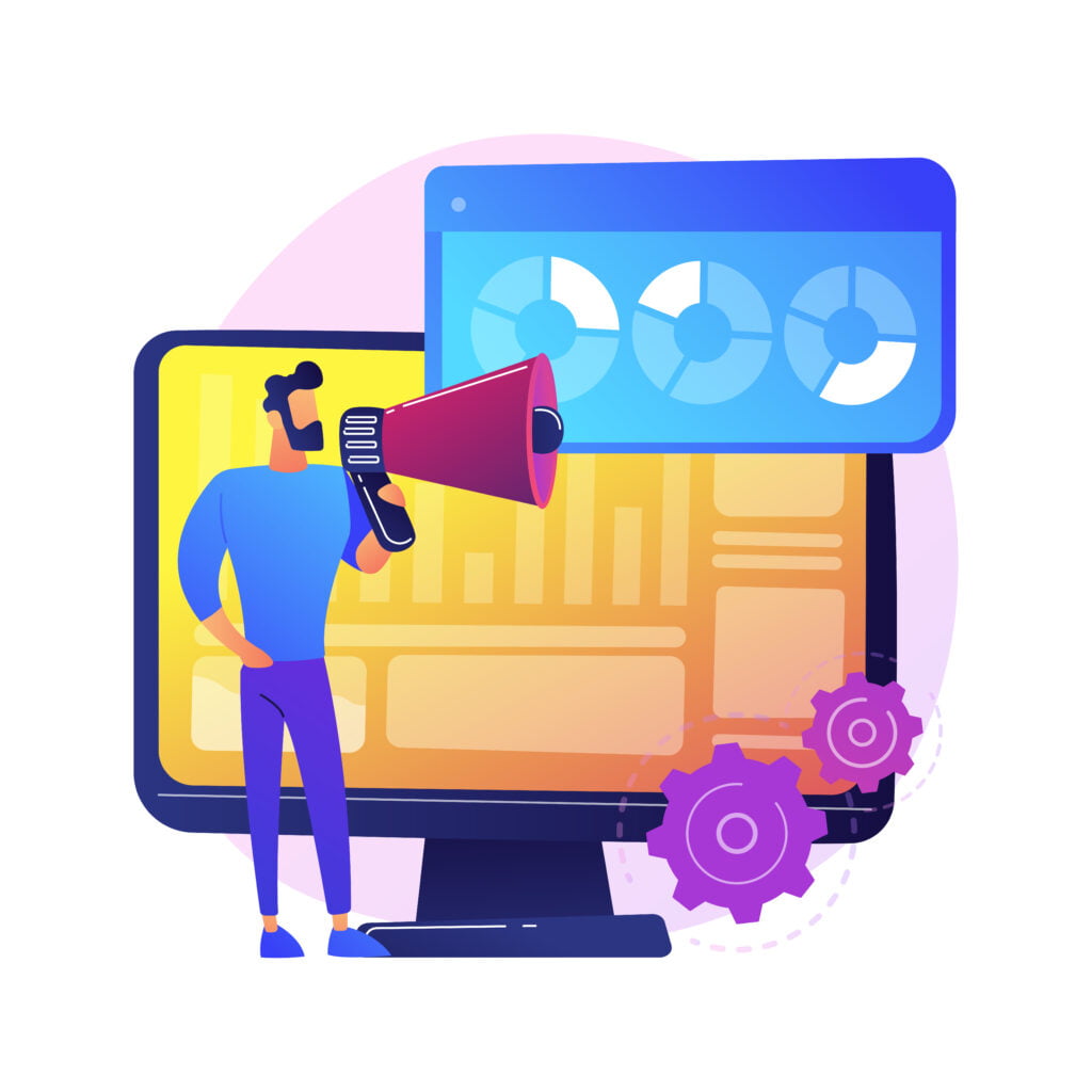 Person with a megaphone stands beside a computer displaying data and gears.