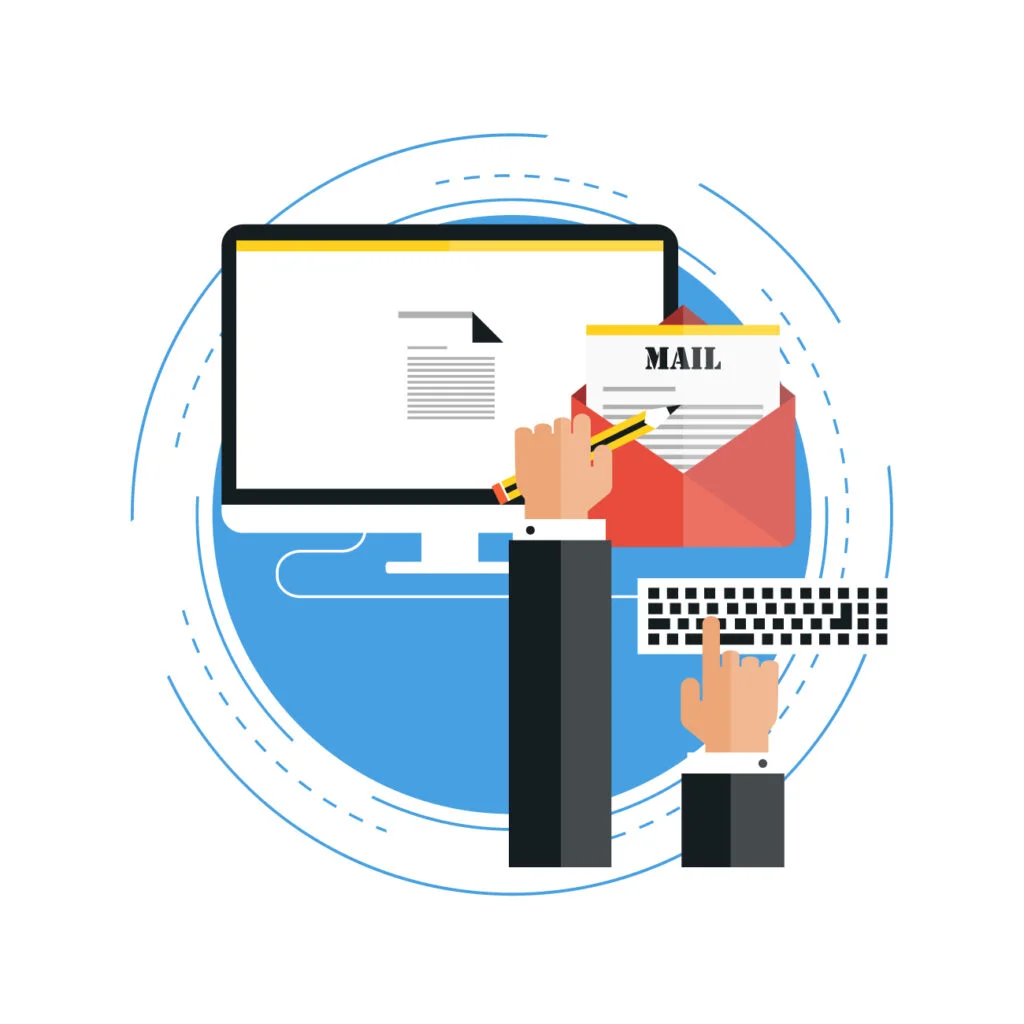 Hands typing on a keyboard next to a computer and an envelope labeled "MAIL."