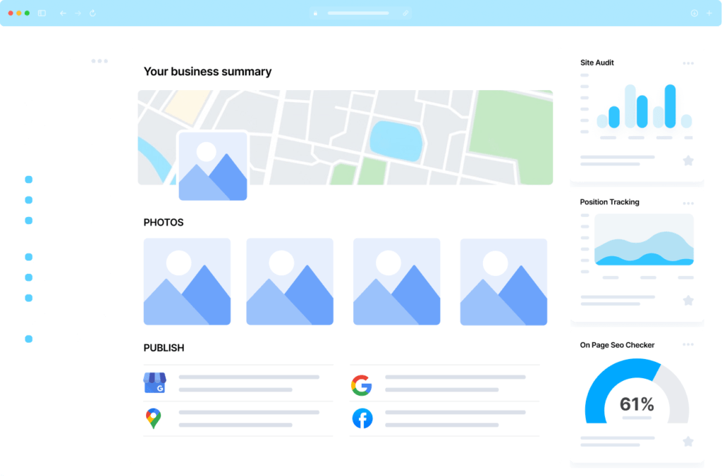 Dashboard interface displaying business summary, photos section, and performance metrics.