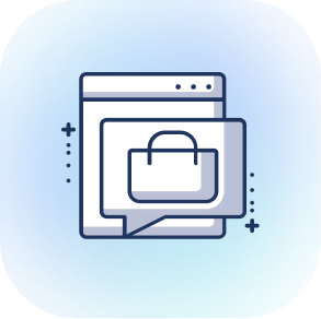 A stylized computer window with a chat bubble and shopping bag icon on a blue gradient background.