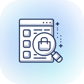 Clipboard with a padlock icon and magnifying glass on a blue gradient background.