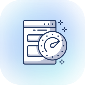 A user interface design featuring a document with a speedometer icon on a gradient blue background.