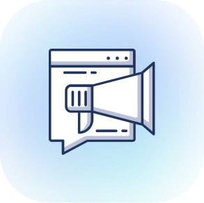 Speech bubble with a megaphone icon against a blue gradient background.