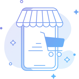 Mobile shopping cart icon with a shopfront design on a gradient background.