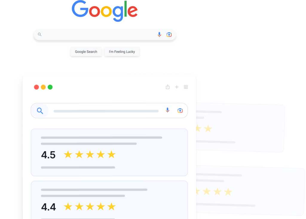 Google search interface displaying a search bar and ratings with star icons.