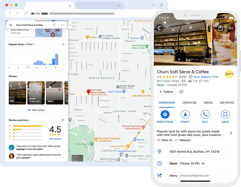 Map interface displaying Churn Soft Serve & Coffee with location, reviews, and details.