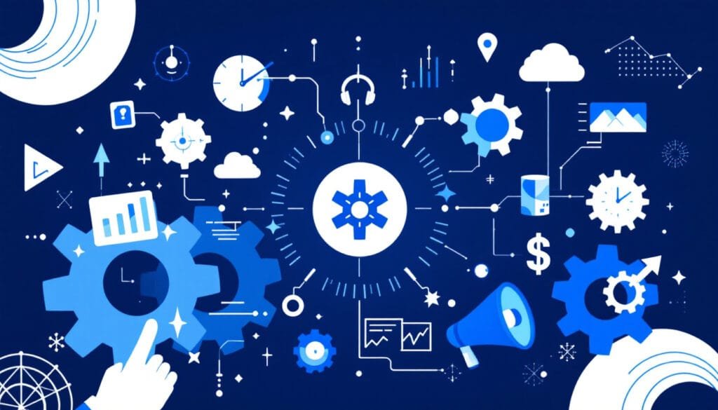 Dark blue with lighter shades of blue and white - graphics of inner workings of SEO gears and cogs