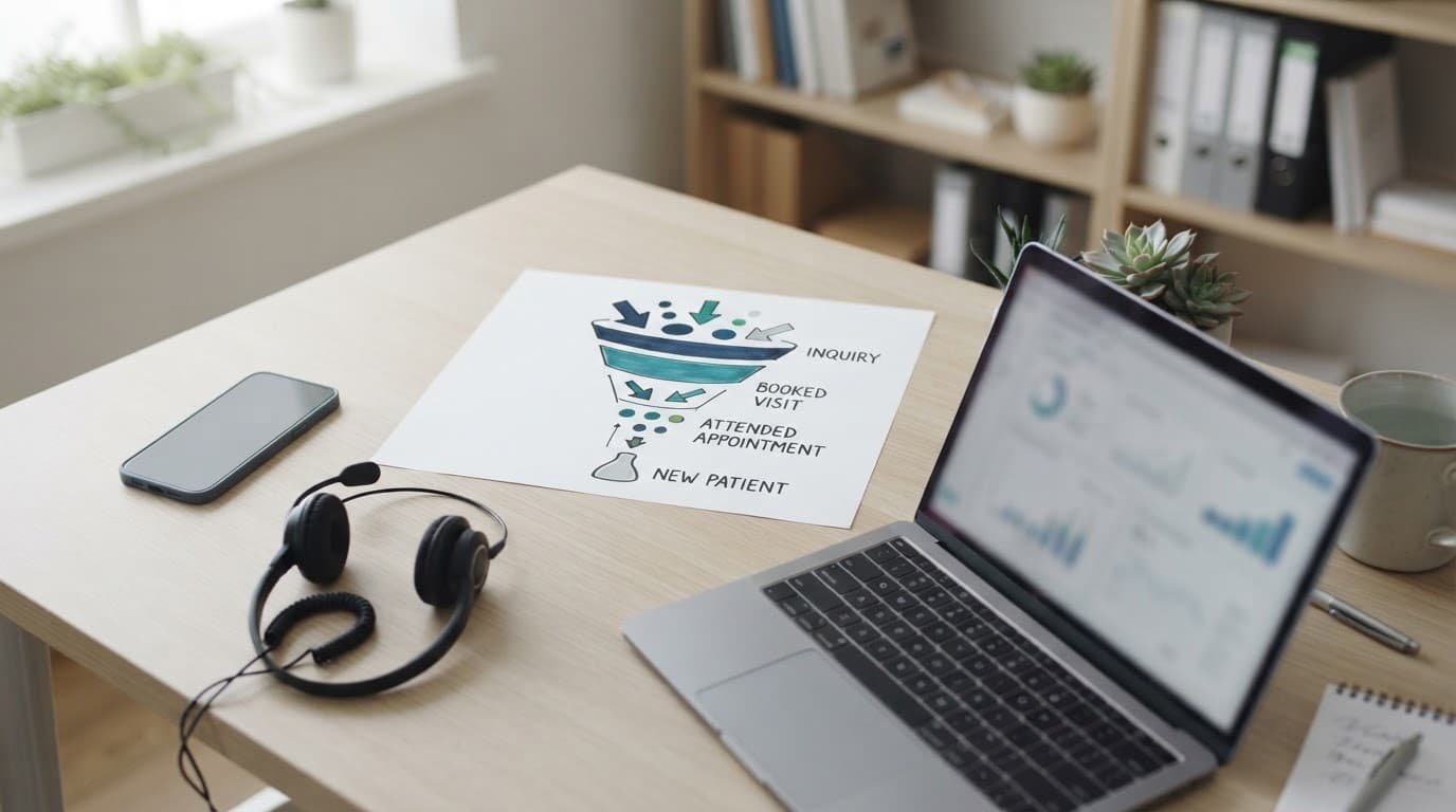 Desk with a laptop, phone, headset, and abstract paper funnel diagram