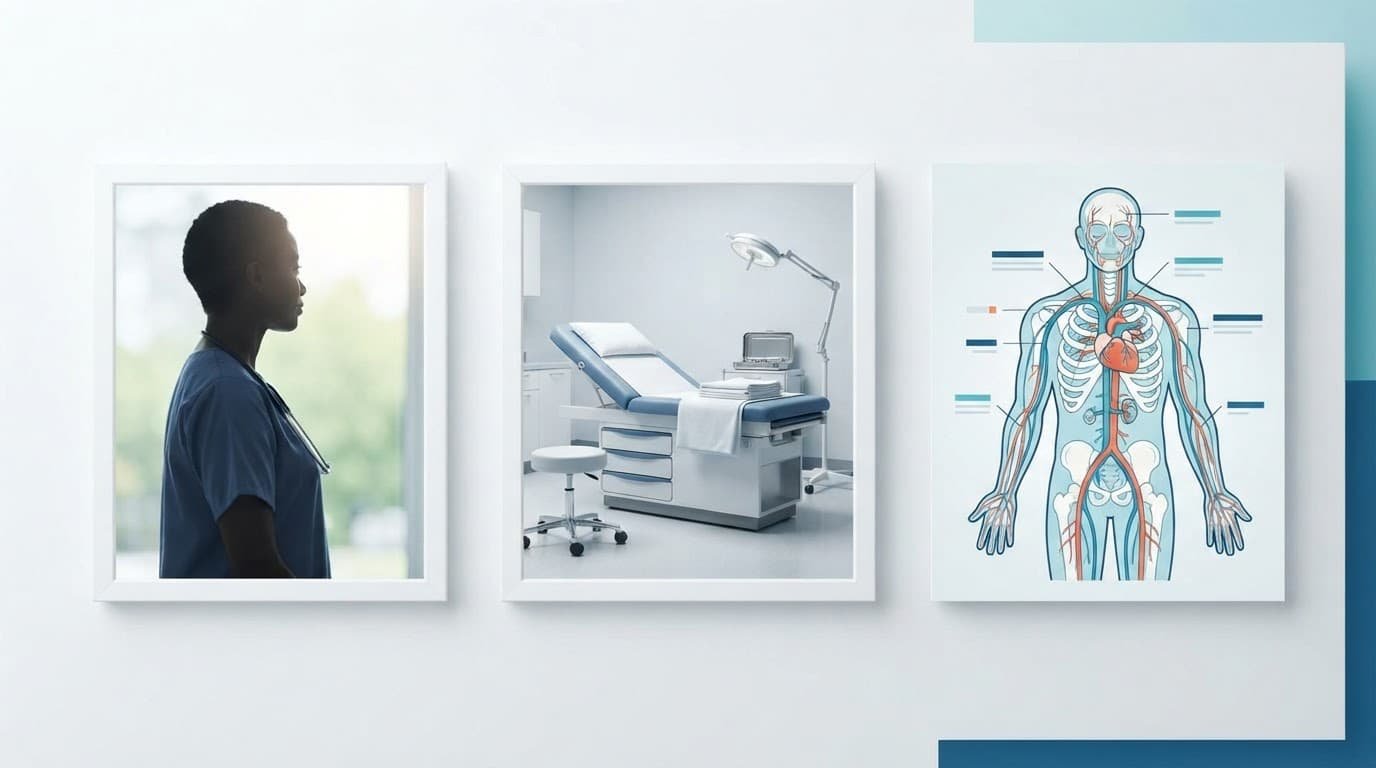 Healthcare visuals show a clinician silhouette, empty exam room, and anatomy illustration.