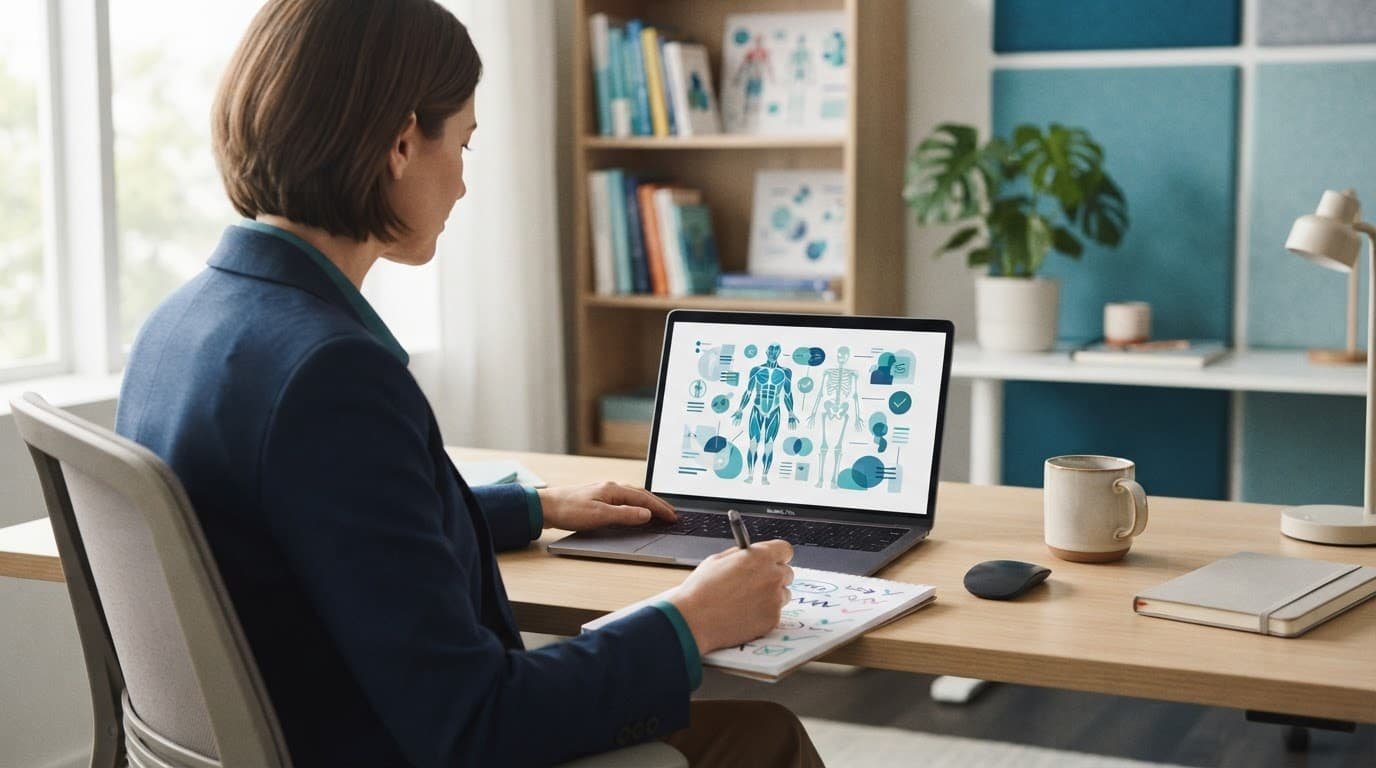 A healthcare professional reviews a medical illustration on a laptop in a bright clinic office.