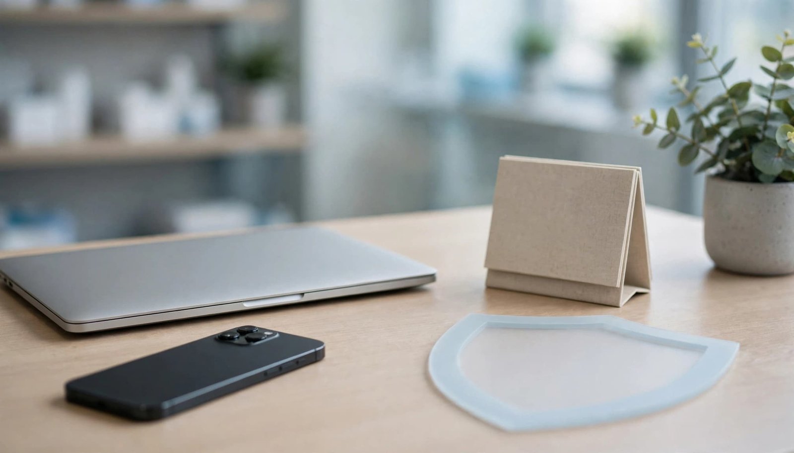 Laptop, smartphone, calendar, and shield symbol on a desk in a blurred clinic.