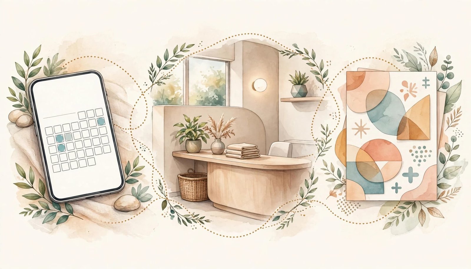 A watercolor illustration showing a smartphone with a calendar, a clinic reception, and abstract art.