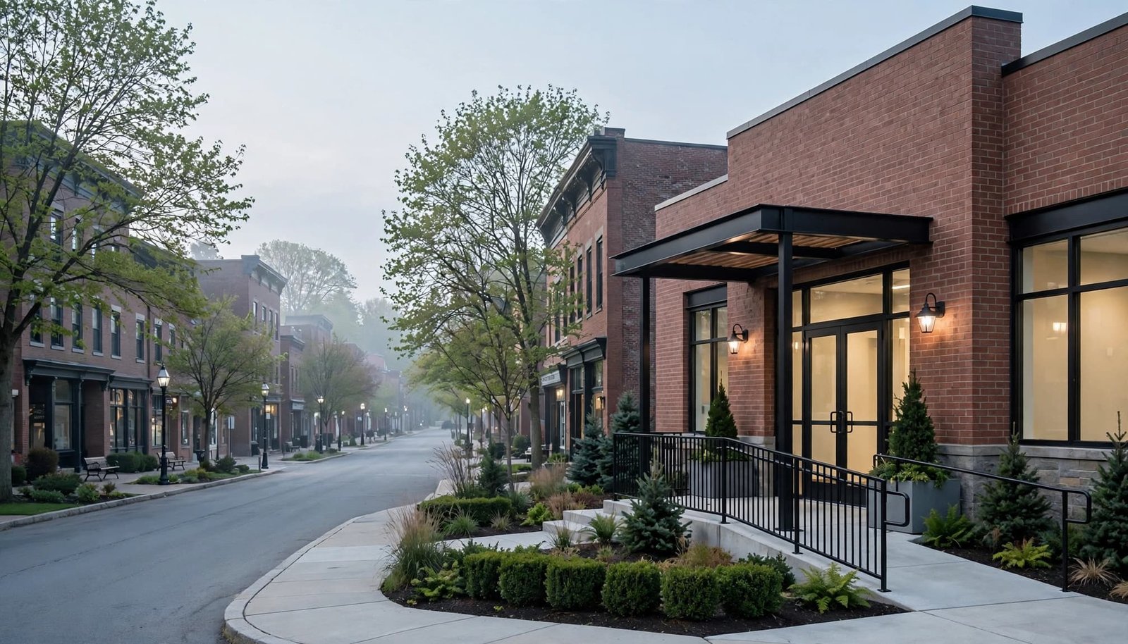 A wide view of a brick commercial street with a modern medical clinic entrance on the right.
