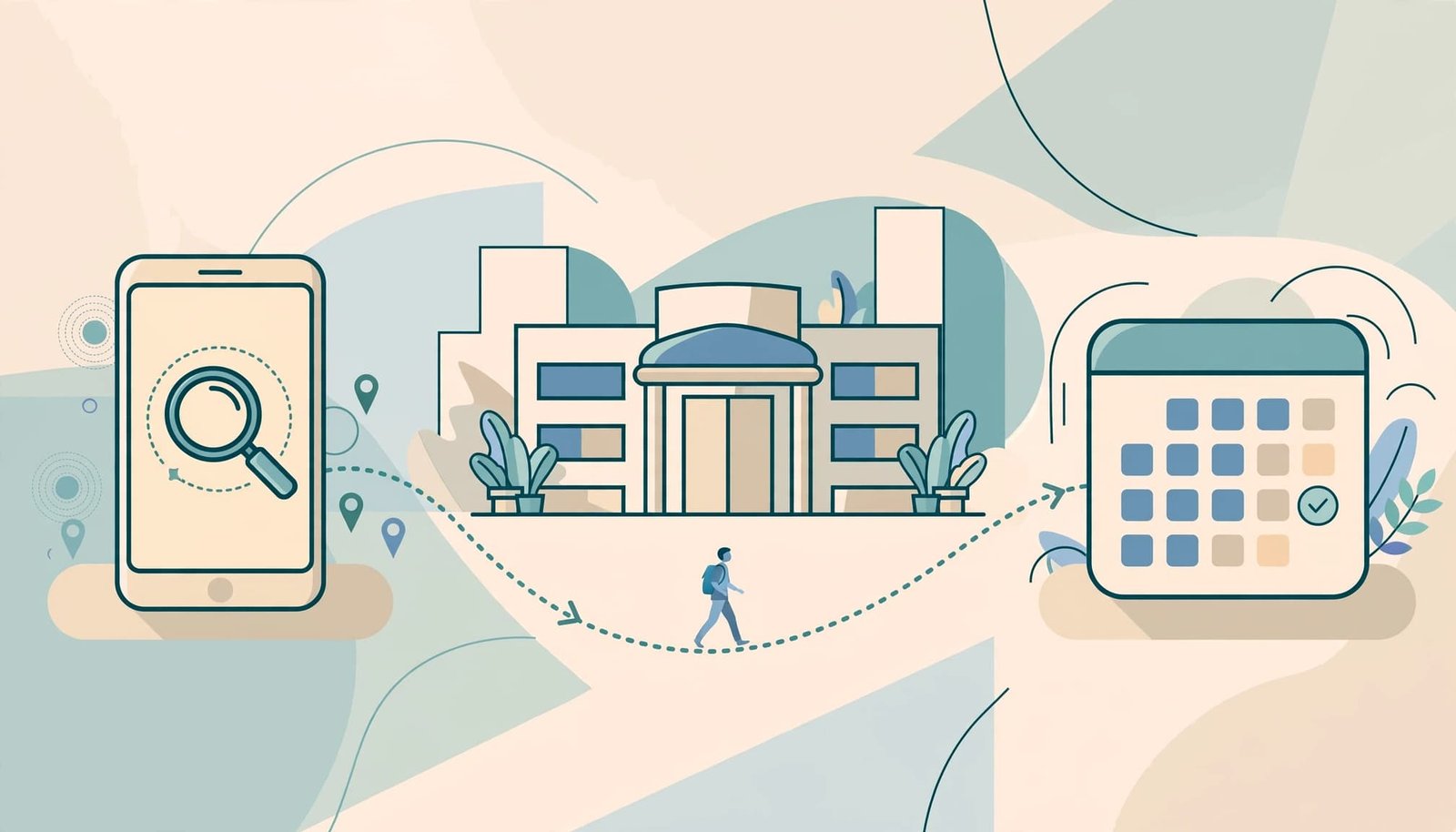 An illustration showing a path from a phone to a clinic building and a calendar icon.