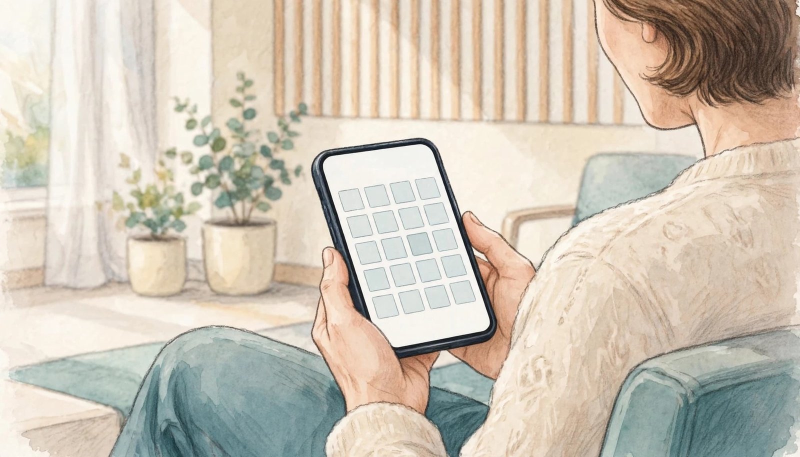 A person sitting in a clinic waiting area holds a smartphone showing a calendar grid.